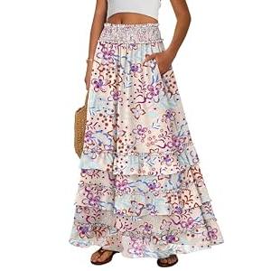ANRABESS Maxi Skirts for Women Summer Boho Tiered Flowy Elastic High Waist Beach Long Skirt Casual Spring Vacation Outfits Medium, Floral