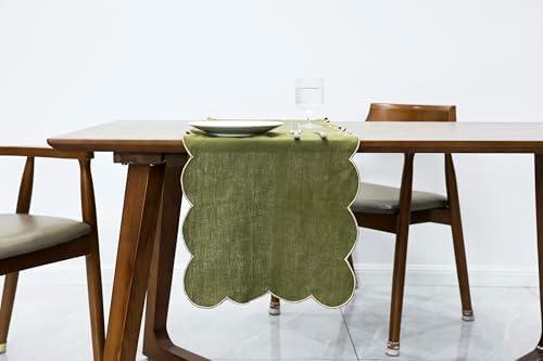 AORISSI 100% Natural Linen Rustic Scalloped Embroidery Table Runner 72 Inches Long, Linen Table Runner 14 x 72 Inch for Dresser and Dining Tables Decor, 4-6 Sets, Olive Green(Edges-Gold)