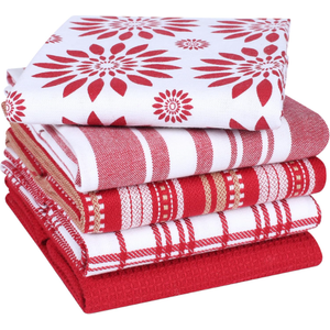 Assorted Kitchen Towels Large 16x26 Inch 100% Cotton Set of 5 - Dish Cloths Towels with Hanging Loop - Soft Absorbent Washable Tea Towels for Kitchen - Quick Drying Dish Towels Black