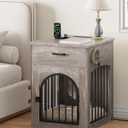 CHOEZON Dog Crate Furniture, Wooden Dog House with Charging Station and Storage Drawer, Indoor Pet Crate End Table for Small Breeds, for Living Room, Bedroom, Greige MGW01UFH