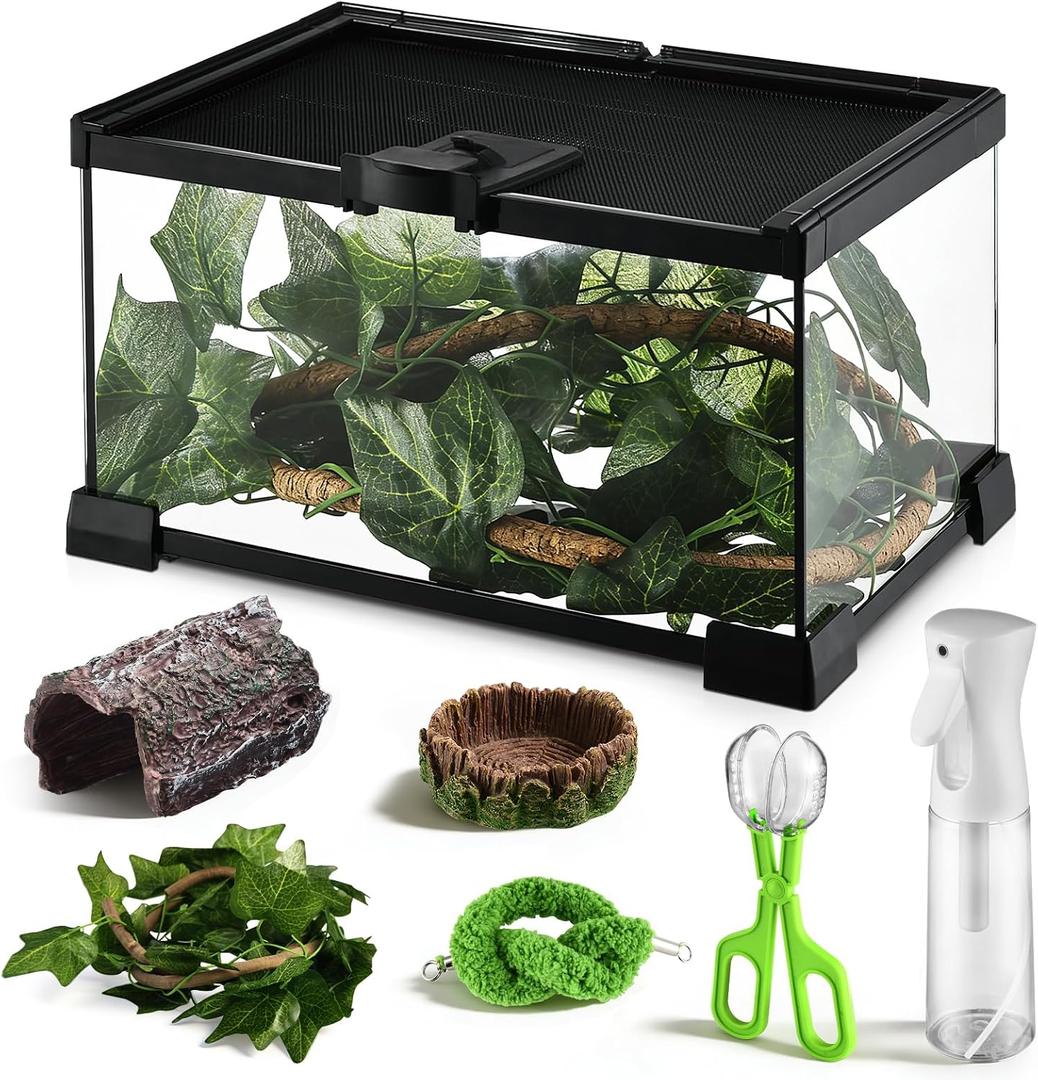 Reptile Terrarium Glass Kit 12" x 8" x 6" Starter Habitat for Tarantula, Succulents, Frogs, or Hermit Crabs, Tank with Escape-Proof Locking Lid