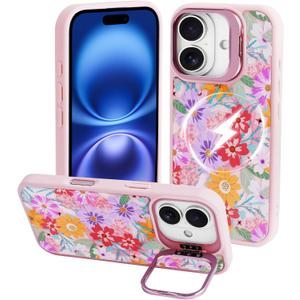 J.west Magnetic for iPhone 16 Case Compatible with Magsafe,Garden Floral Metal Kickstand Shockproof Silicone Bumper Cute Floral Flowers Phone Case Cover Pink 6.1 Pack of 2