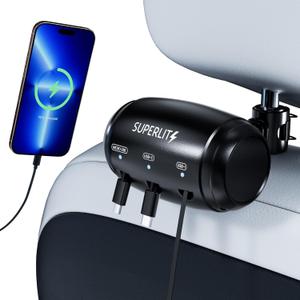 SUPERLIT 3-in-1 Retractable Backseat Charging Station Box  Fast Car Charger for All Phones (iPhone, Samsung, Android)  Headrest Mount for Uber, Lyft, Turo, Taxi, Rideshare Drivers (2 FT - Standard)
