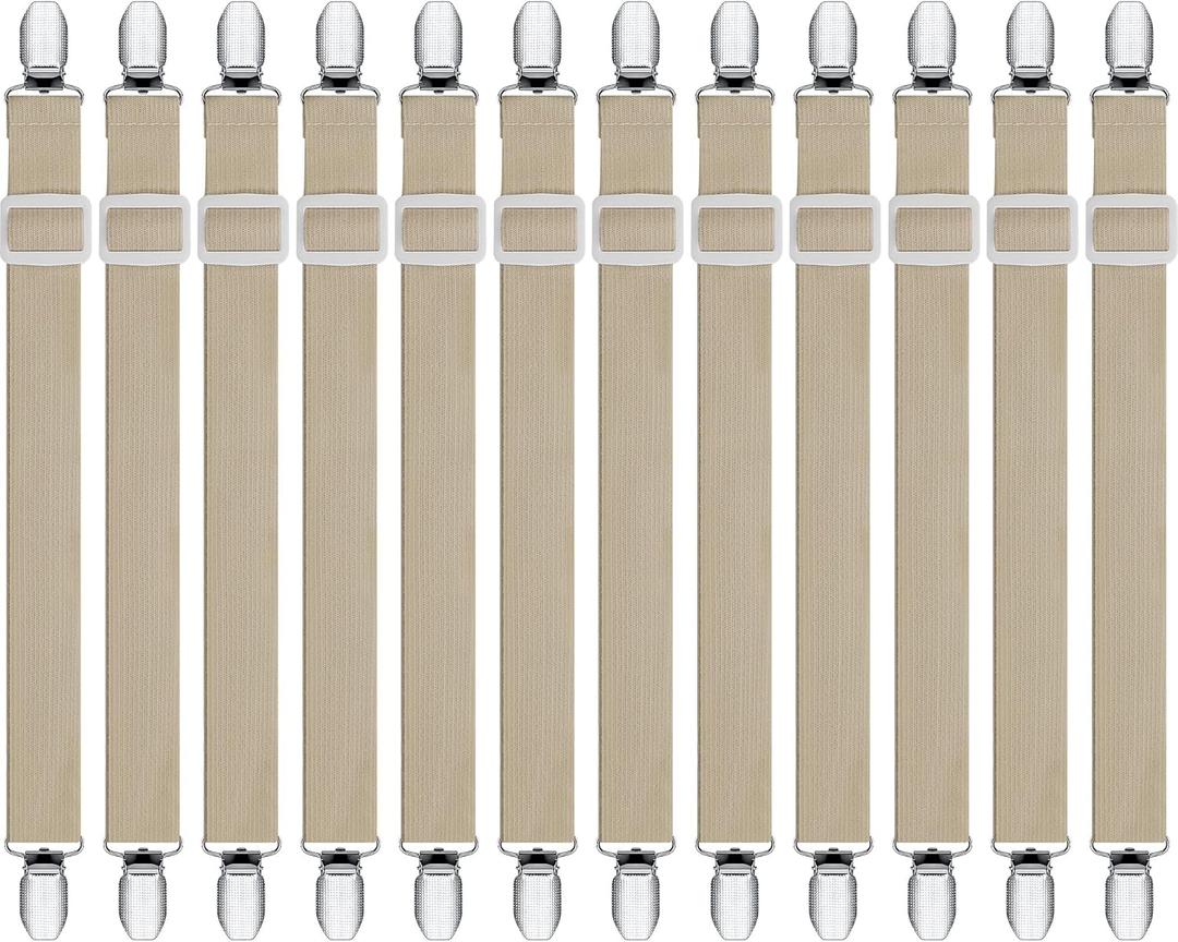 Boao 12 Pcs Bed Sheet Clips Straps Sheet Corner Straps Holder Adjustable Mattress Clips, Elastic Bed Grippers Suspender Fasteners Holder for Home(Khaki,8-12 Inch Length)
