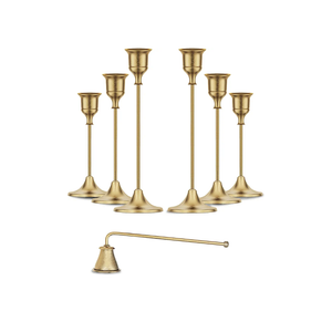 Gold Candleholders for Taper Candlesticks Plus Candle Snuffer – Dining Table Décor Centrepiece - Brass Candelabra Candlestick Holder - Gold Décor for Home Weddings Celebrations Events (Set of 6 Pcs)