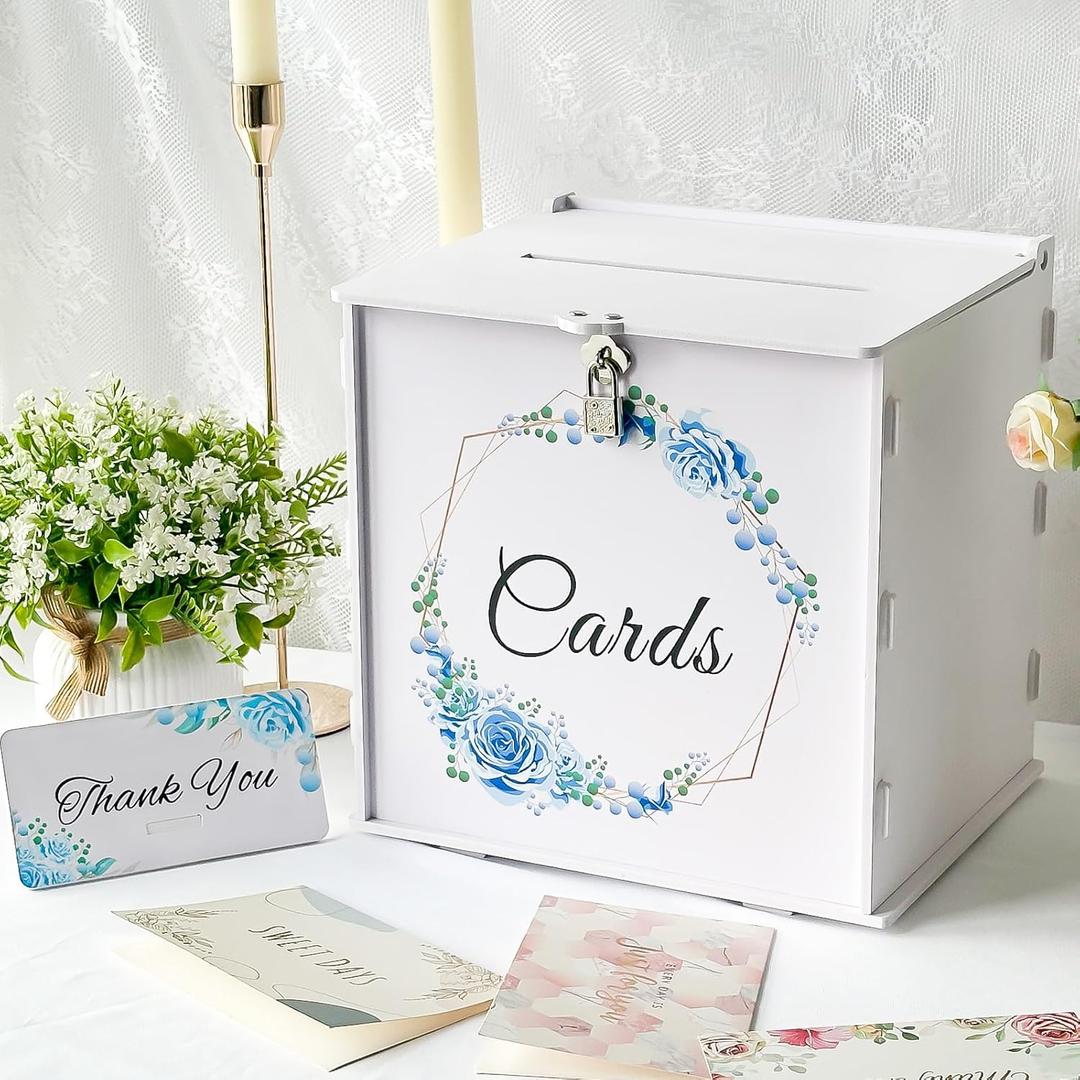 OurWarm White Wedding Card Box with Lock, PVC Gift Card Box with Blue Wreath, Wedding Decorations for Reception Envelop Money Gift Boxes for Graduation Birthday Bridal Baby Shower Decor
