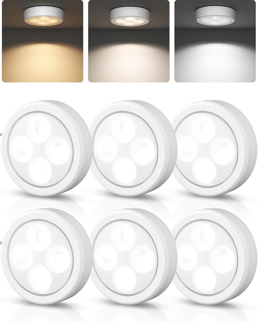 EZVALO LED Puck Lights, Rechargeable Stick On Tap Lights, Wireless Closet Light, 3 Color Temps, Under Cabinet Lights, 2.5'' Mini Touch Light, Ideal for Kitchen,Closet,Pantry,Shelves,Camper(6 Pack)