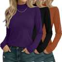 3 Pack Cotton Women's Mock Turtleneck Shirts Long Sleeve Mock Neck Tops Casual Pullover Basic Tees Undershirt (Medium, Purple, Black, Pumpkin)