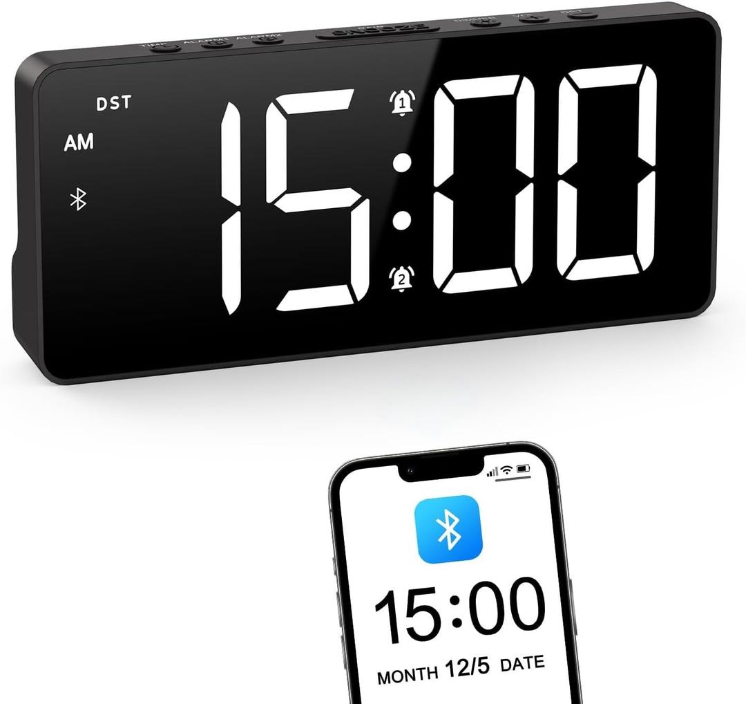 ORIA Digital Alarm Clock, LED Bedroom Clock with Bluetooth Sync Time, Auto Sync Time Alarm Clock, Adjustable Volume Brightness, Snooze, Rechargeable Large Display for Home Living Room