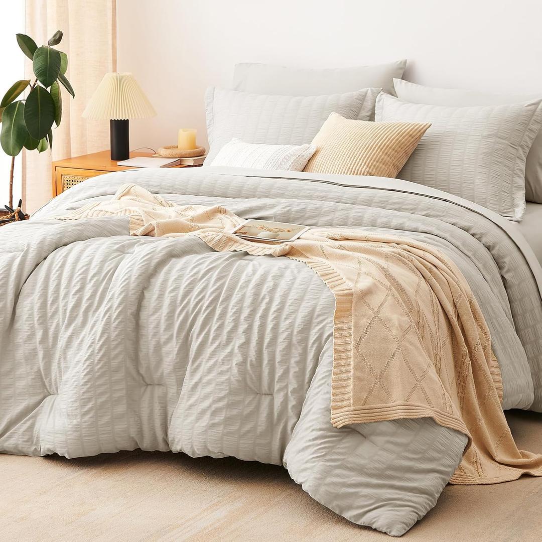 CozyLux King Size Comforter Set Beige Seersucker 7 Pieces Bed in a Bag King Comforter Set with Sheets, Luxury Soft Bedding Set with Down Alternative Comforter, Sheets, Pillowcases & Shams All Seasons