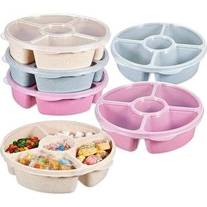 Kigley 4 Pcs Divided Serving Tray with Lid Vegetable Tray with Lid Fruit Platter 5 Compartment Vegetable Platter Reusable Round Food Containers Plastic Serving Dish for Lunch Meal Snack Storage