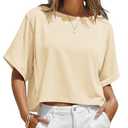 Fisoew Womens Oversized Crop Tops Summer Short Sleeve Crewneck T Shirts Casual Loose Basic Tee Workout Shirts Beige, Size M