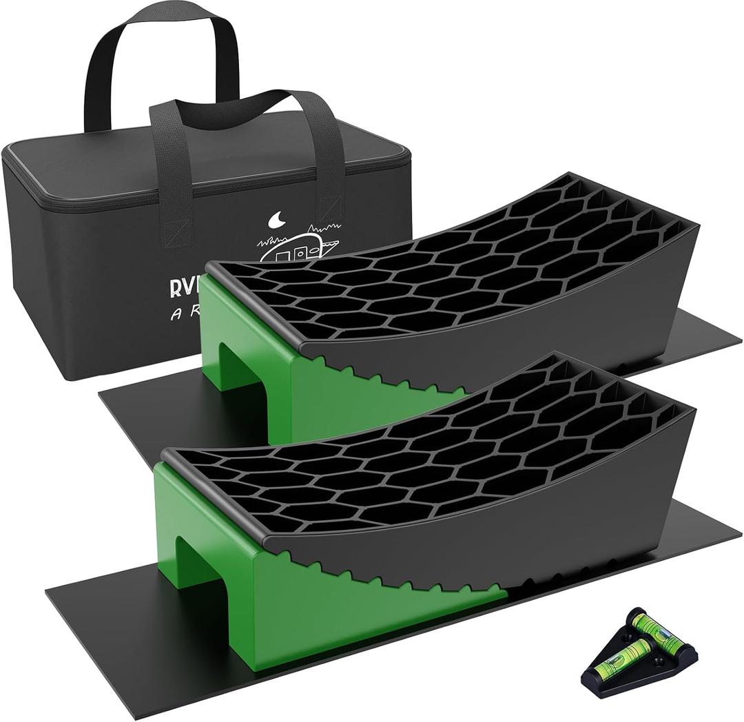 RVMATE Camper Levelers 8-Piece Kit RV Leveling Blocks Camper Wheel Chocks Including Two Curved Levelers, Two Chocks, and Two Rubber Grip Mats in Storage Carrying Bag (Black)