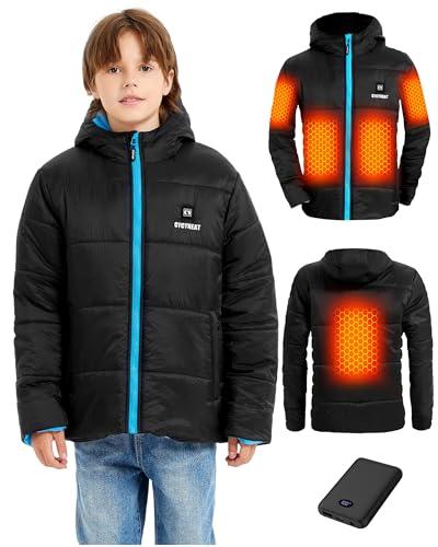 CYCYHEAT Kids Heated Jacket - Boys and Girls Heating Jackets Hoodie Coat With Battery Pack Heated Clothing for Skiing (US, Alpha, Small, Regular, Regular, Blue Upgraded Heating Element)