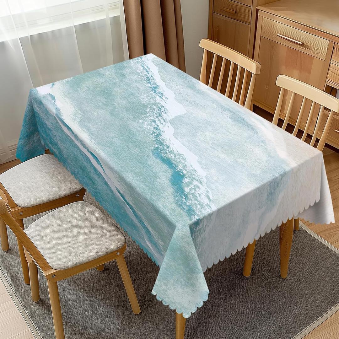 Beach Theme Tablecloth Rectangle Blue White Sea Ocean Waves Nature Scenery Table Cloth Wrinkle Resistant Table Cover for Kitchen Dining Party Decorations 54 x 72 Inch