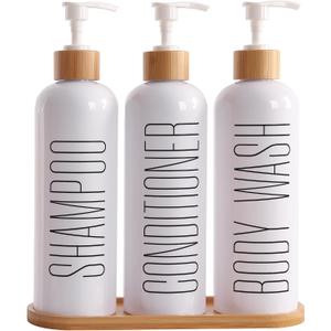 Prus Waso Shampoo and Conditioner Dispenser, Contains Shampoo Conditioner Body Wash Dispenser. Shower Soap Dispenser with Bamboo Pumps & Tray, Perfect for Modern Bathroom Decor. (White)