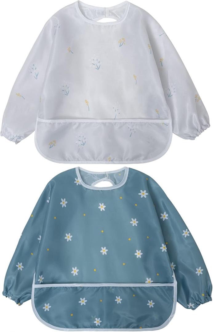 Little Dimsum Baby Bib with Pocket Waterproof Toddler Bibs Infant Feeding Bibs for Boys and Girls, Pack of 2 Colors (Flower Sets-l)