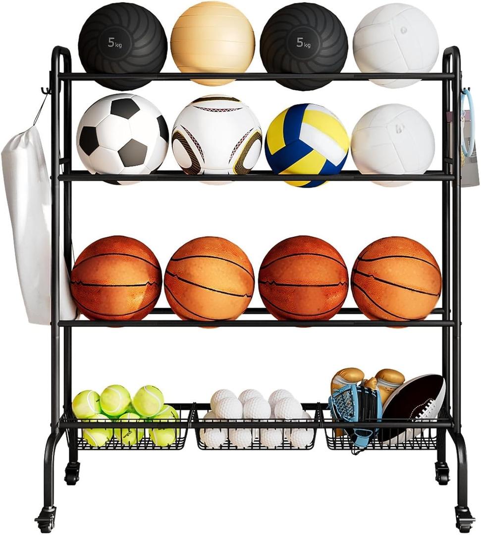 Basketball Rack, Rolling Ball Stand,Garage Organization with Wheels, Four-Layer Sports Equipment Storage with Baskets for Basketballs Footballs VolleyballBlack