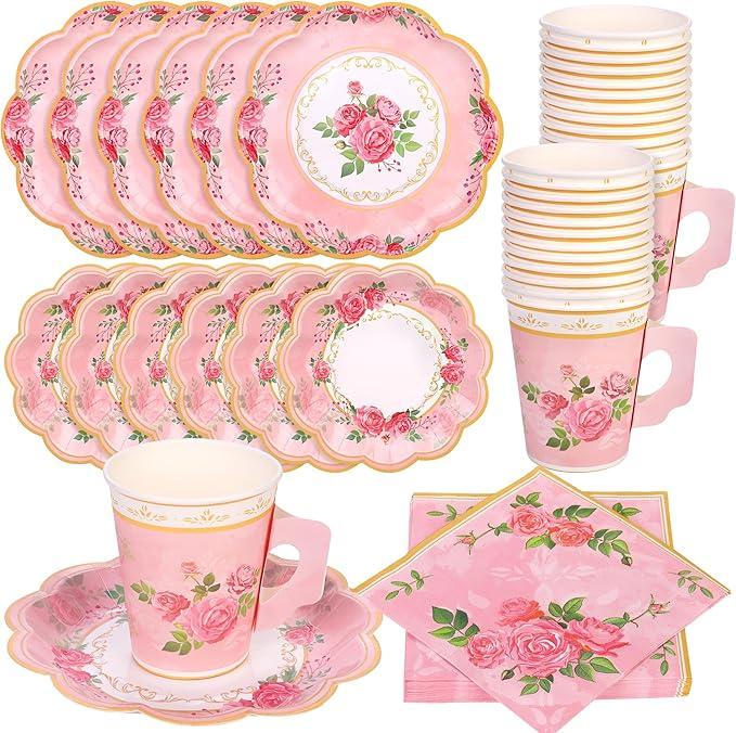 Floral Paper Tea Cups and Saucers 9 Oz Teacups with Handle 9 Inch and 7 Inch Paper Plates Saucers Napkins Disposable Tea Party Supplies Serve 24 for Wedding Baby Shower Party, Pink