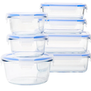 Amazon Basics Leak-Proof Glass Locking Lids Food Storage Containers, 14-Piece Set, 7 Count of Bases and 7 Plastic Lids, Clear, Blue, BPA Free