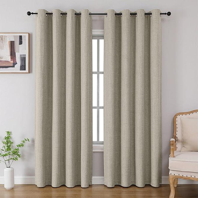 Full Blackout Window Curtains 84 inches Long, Faux Linen Look Thermal Insulated Grommet Drapes Panels for Bedroom Living Room, Set of 2 (52 x 84 inches, Light Beige)