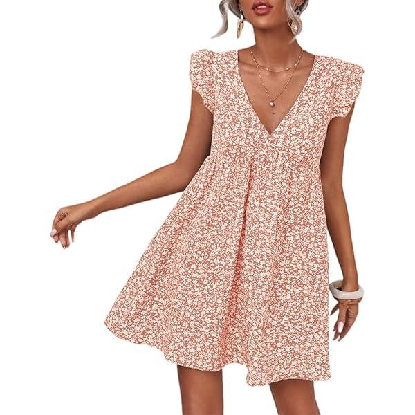 Women Boho Floral Summer Dresses Casual Backless V Neck Mini Dress Ruffle Beach Sundress 29.5x38