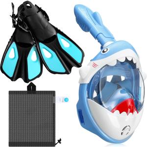Moukeren 2 Pcs Full Face Snorkel Mask for Kids with Adjustable Swim Fins 180 Degree Panoramic View Shark Snorkeling Gear Diving Fins Swim Flippers for Children Boys Girls