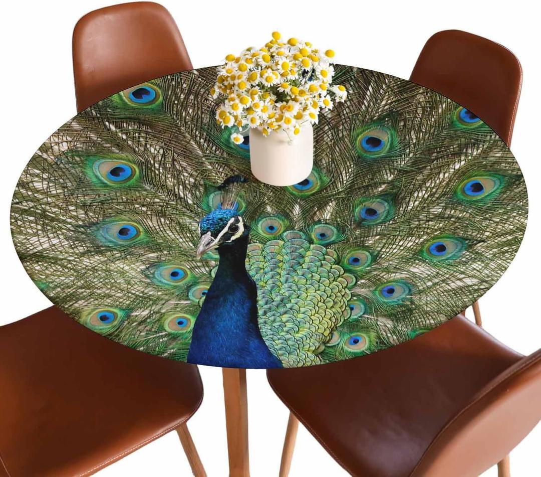 Colorful Peacock Round Fitted Tablecloth Bright Birds Beautiful Feathers Animal Elastic Edge Tablecloth Waterproof Oilcloth Table Cover for 40"-44"
