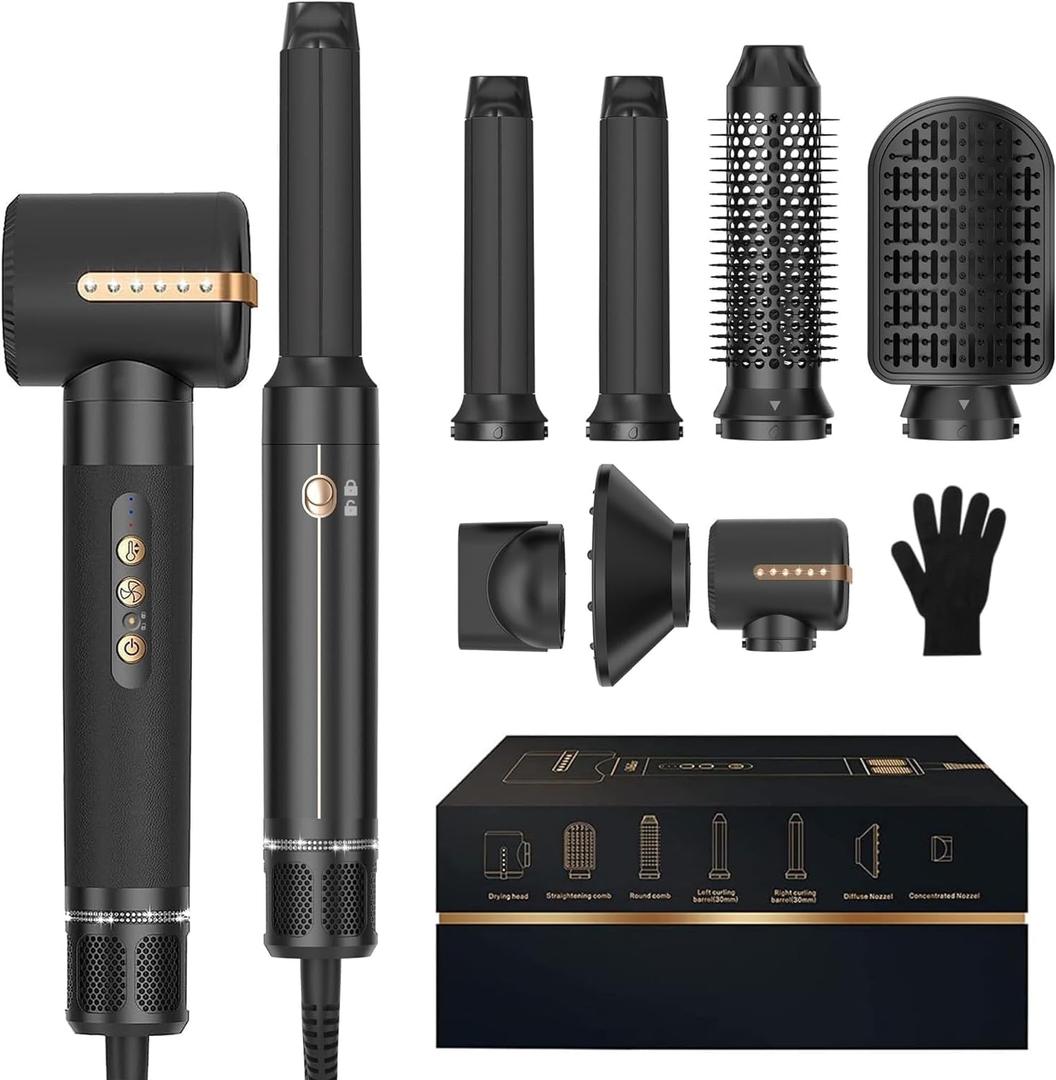 Blow Dryer Brush 7inONE,110000RPM High-Speed Negative Ionic Hair Dryer with Diffuser Concentrator,Curling Iron Hair Straightener (Black Gold)