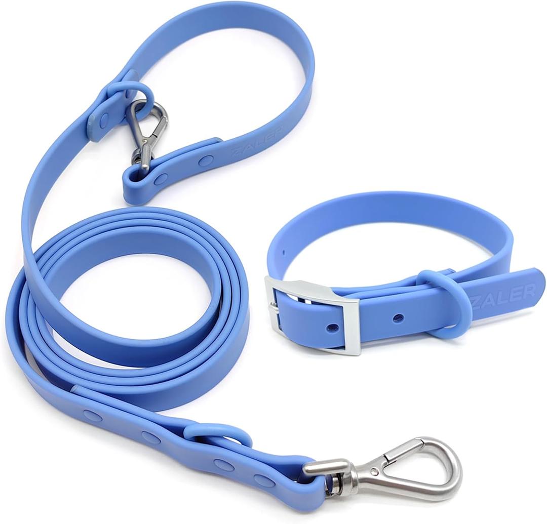 ZALER Dog Collar and Leash Set, Waterproof Adjustable Odor Proof Pet Collars Leashes Easy to Clean, 6FT Dog Leash with 2 Hooks for Large, Medium Small Dogs (M, Blue)