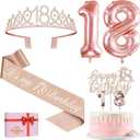 18th Birthday Decorations for Girls, Including 18th Birthday Sash and Tiara, Cake Topper and Candles, Number Balloons, 18 Year Old Gifts for Girls