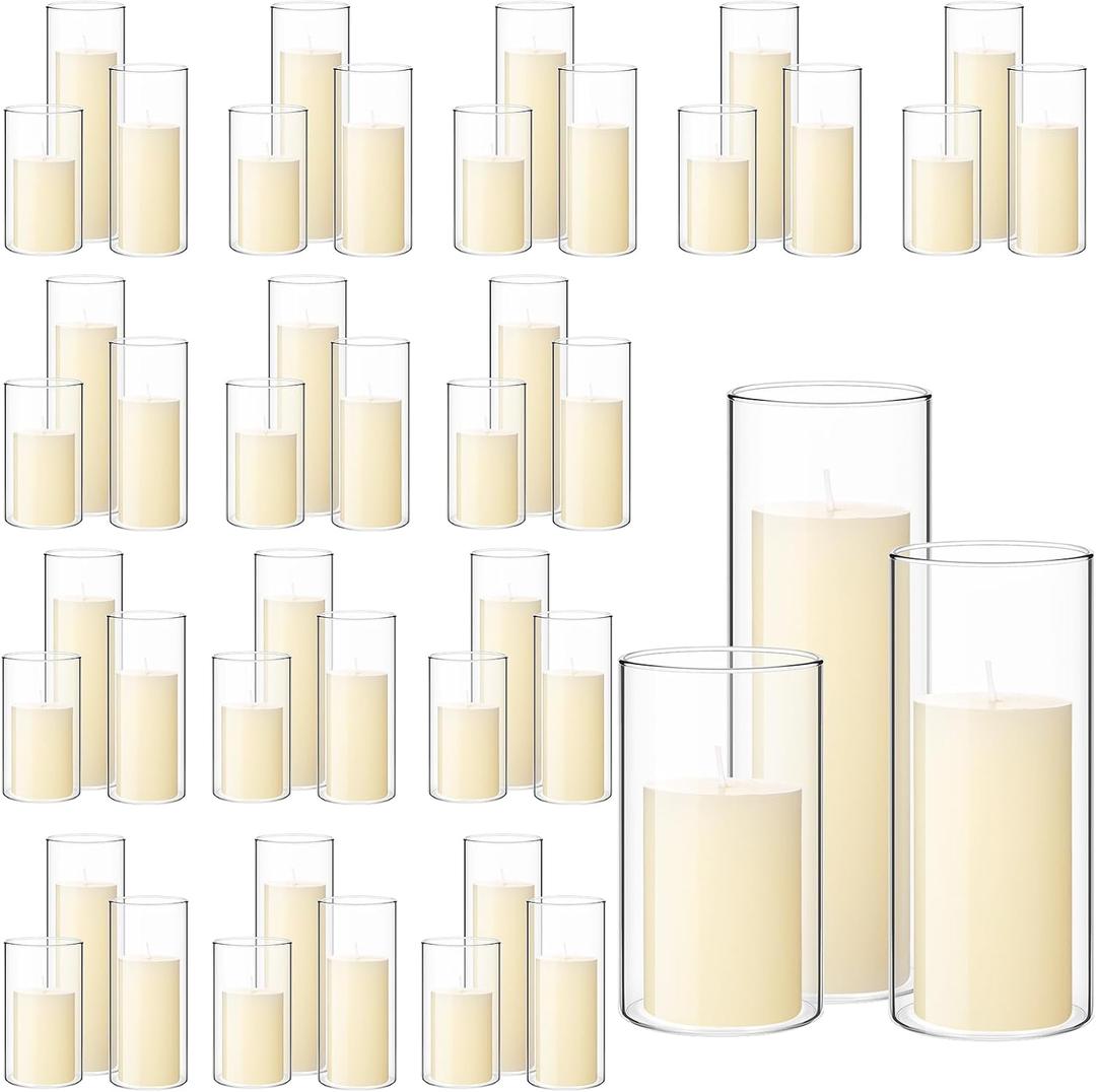 Shihanee 108 Pcs Pillar Candles, Cylinder Vases 54 Sets,Ivory White
Clear Glass Holders for Centerpieces, Vases for Weddings Events, Varied Heights Cylinder Holders, Table Decor Parties