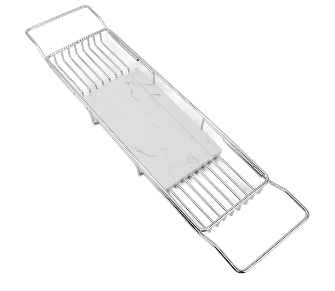 Bathtub Tray Table, Stainless Steel Marble Bathtub Trays for Tub Bath Tub Caddy Easy Installation for Women Birthday (Silver White)
