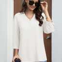 YUCOLEN 3/4 Sleeve Tunic Tops for Women V Neck Collared Shirts Chiffon Work Blouses Dressy Casual S (White)