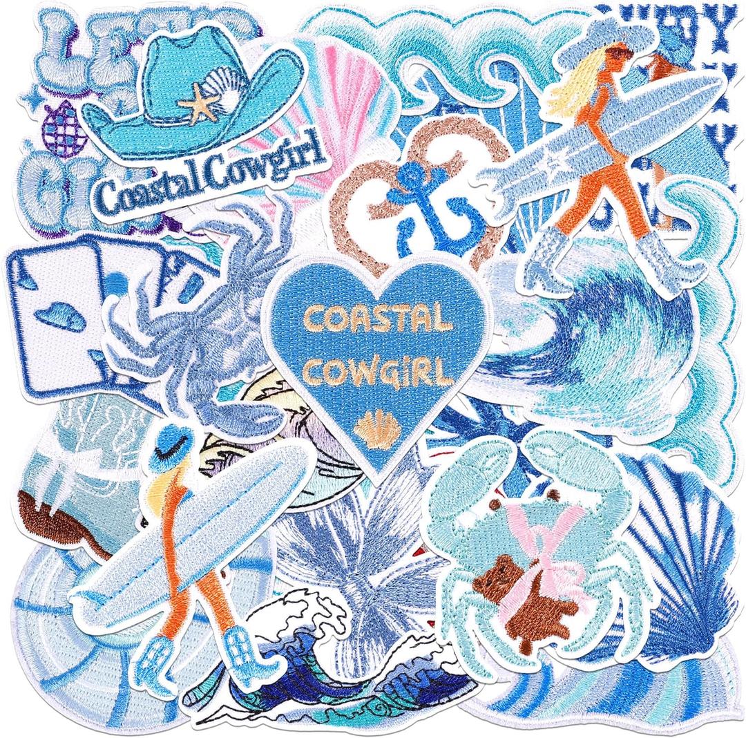 24Pcs Coastal Cowgirl Iron On Patches for Hats, Summer Ocean Embroidered Blue Patches for Girls, Heat Press Embroidery Patch for Trucker Hat/Clothes/Denim Jeans/Beach Bags