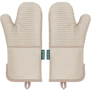 Beneno Kitchen Oven Mitts 2-Pack Heat Resistant to 500°F with Non-Slip Silicone Grip, Extra Long 14.3" Forearm Protection, Soft Quilted Cotton Terry Lining, Ideal for Cooking, Baking, Grilling, Beige