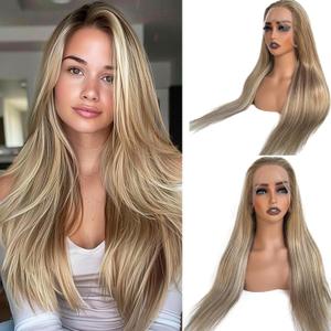 Ombre Blonde Lace Front Wig Human Hair Pre Plucked 13x4 Lace Frontal Wigs Glueless Straight Ash Brown to Ash Blonde Highlights Human Hair Wig 180% Density 24 Inch