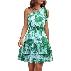 PRETTYGARDEN Women's Summer Tie One Shoulder Boho Floral Dress Elastic Waist Tiered Ruffle A Line Flowy Mini Dresses (Print Green,Small)