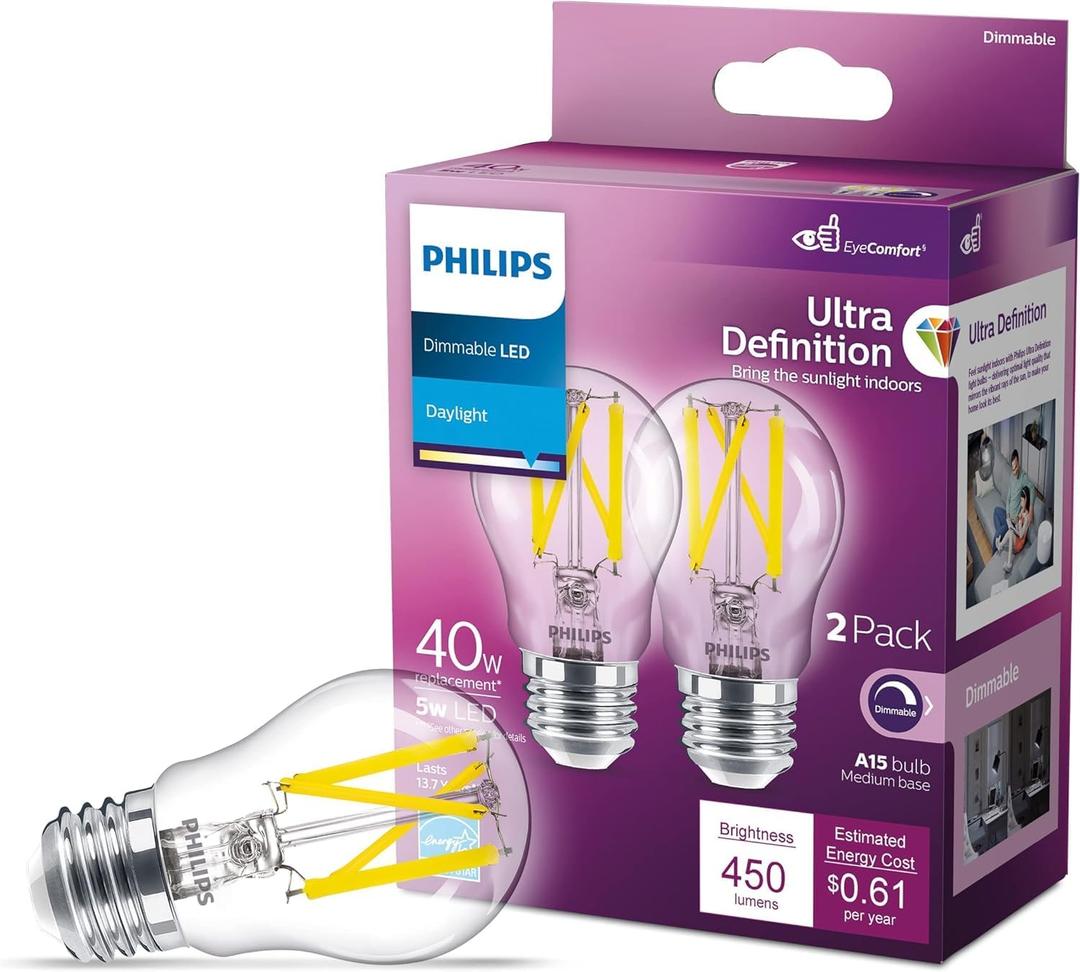 PHILIPS LED 40W A15 2-Pack Ultra Definition Daylight (5000K) 450 Lumen (5W = 40W) Dimmable Clear Flicker-Free Light Bulbs PHILIPS LED 40W A15 2-Pack Ultra Definition Daylight (5000K) 450 Lumen (5W = 40W) Dimmable Clear Flicker-Free Light Bulbs