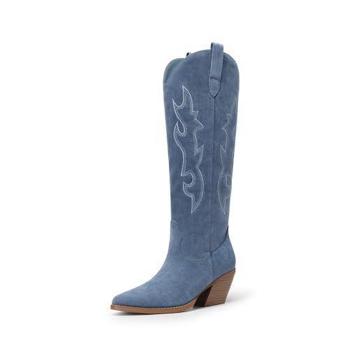 DREAM PAIRS Cowgirl Boots Women Knee High Cowboy Boots Pointed Toe Chunky Block Heel Suede Tall Western Boots with Embroidered,Size 11,Blue