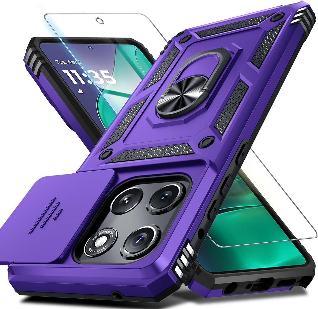 Janmitta Compatible with Moto G Stylus 5G 2026/2025 Case Built in Slide Camera Lens Cover+Screen Protector+Finger Ring Holder Kickstand,Heavy Duty Shockproof Full Body Protective Phone Cover,Purple
