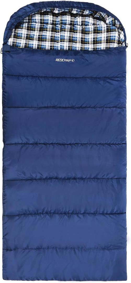 REDCAMP Flannel Sleeping Bag for Adults, Comfortable Cotton Envelope Sleeping Bags for Camping, Backpacking, Hiking, with Detachable Hood&Compression Sack, Blue/Red/Grey/Black