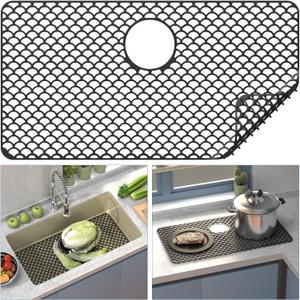 Sink Protectors for Kitchen Sink 28.6"x 14.5" Large Silicone Mat, Heat Resistant Easy Clean Silicone Mat for Protection of Stainless Steel with Rear Drain Black