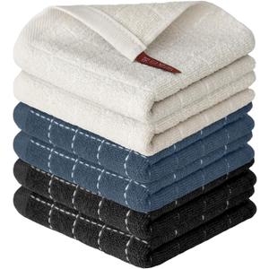 Artoid Mode Checkered Designed Cotton Beige Grey Black Terry Kitchen Dish Cloths, 12x12 Inch Soft Absorbent Quick Drying Kitchen Rags Set of 6