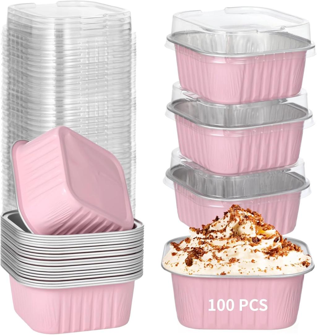 100 PCS Aluminum Foil Cups, 5oz Dessert Cups With Lids, Cupcake Liners Foil Baking Cup, Disposable Ramekins Muffin Individual Square Cupcake Container, Foil Flan Baking Cups (Pink)