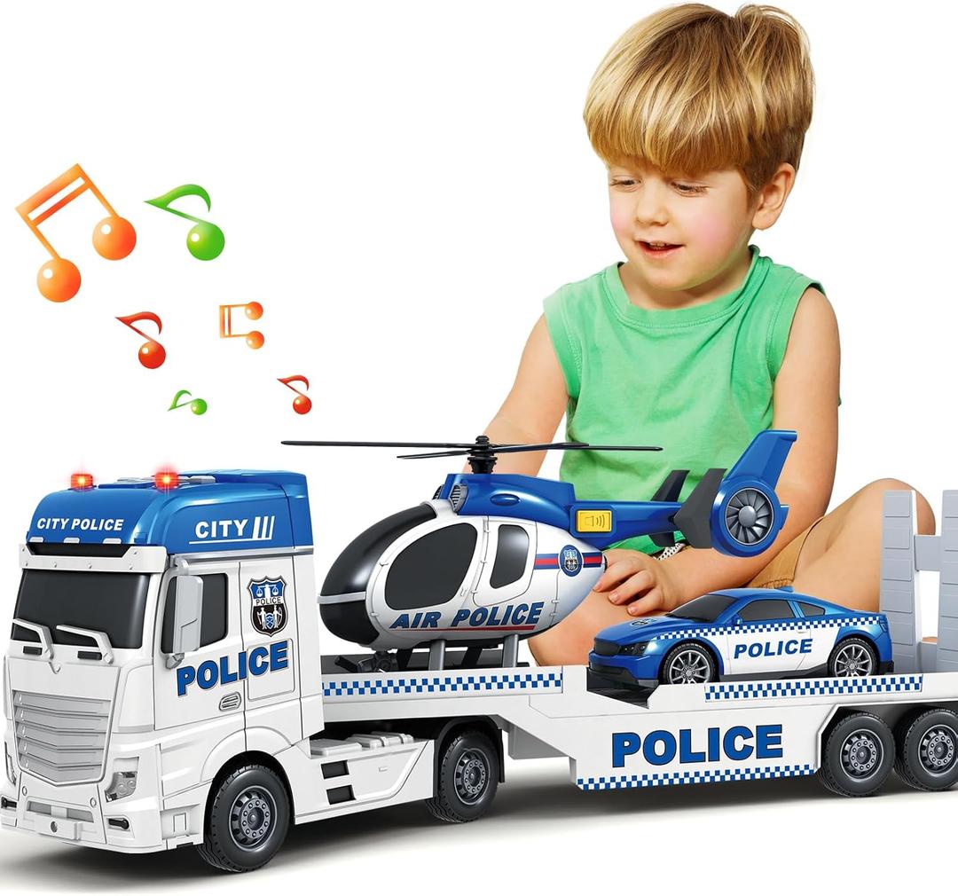 SpringFlower Toddler Boy Toys, 25" Large Police Truck Toy with Racing Car and Helicopter,3 in 1 Police Car Boy Toy, Christmas Birthday Gifts for Kids 3 4 5 6 Years Old