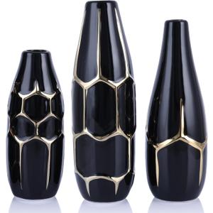 Ceramic Vase Set of 3, Modern Vases for Home Decor, Black and Gold Color Suitable for Living Room, Kitchen, Bedroom, Bathroom, entryway Fireplace, Living Room TV Cabinet Decoration. (Bg)