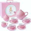 Jewelkeeper Tea Set for Little Girls - 14-Piece Porcelain Tea Party Set for Children Includes Teapot, Cups, Saucers, Creamer, and Sugar Bowl - Pink Polka Dot Design