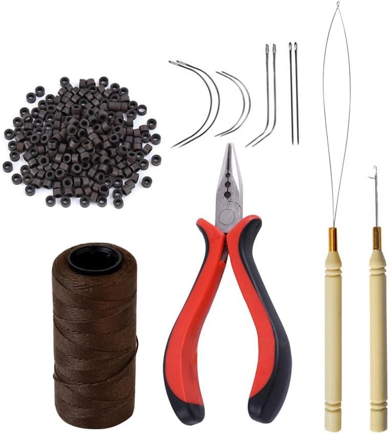 Hair Extensions Tool Kit: 200 Pcs Silicone Lined Micro Links Beads, 1 Three Hole Hair Pliers, 1 Roll Sewing Thread, 1 Loop Needle Threader, 1 Pulling Hook Needle, 8 Sewing Needles (Dark Brown)