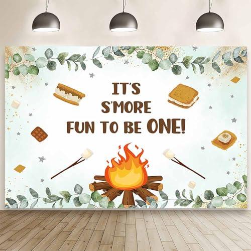​MEHOFOND 7x5ft S'More 1st Birthday Backdrop, S'More Fun to Be One Birthday Party Decorations, Camping Birthday Party Decorations, Smores Bday Party Photography Background Cake Smash Photo Props